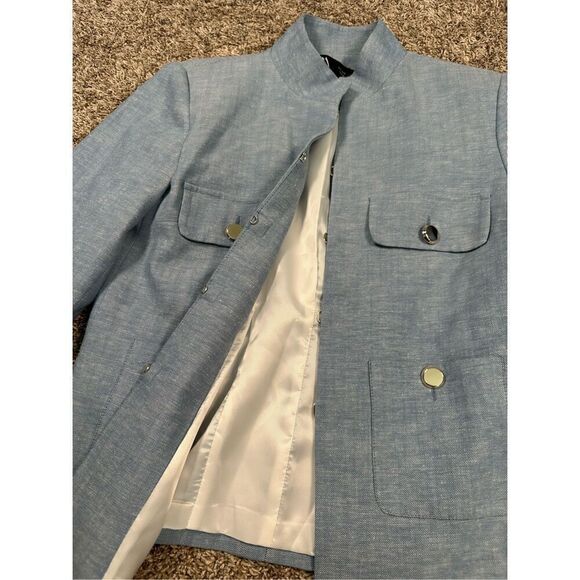 NWT zara high collar blazer jacket women’s S pockets buttons light blue linen - Picture 10 of 13